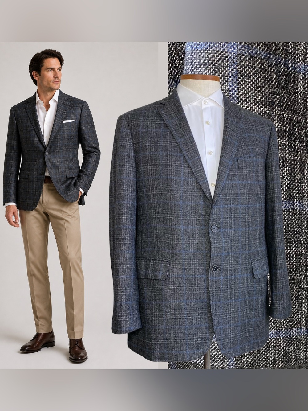 Joseph Abboud Heritage Blazer Sport Coat 42R Tollegno 1900 Wool Gray Blue Plaid